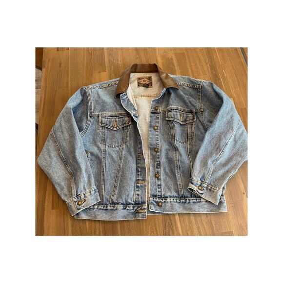 Express Jeans Compaign International Vintage Denim Leather Collar Jacket Size L - Picture 1 of 5